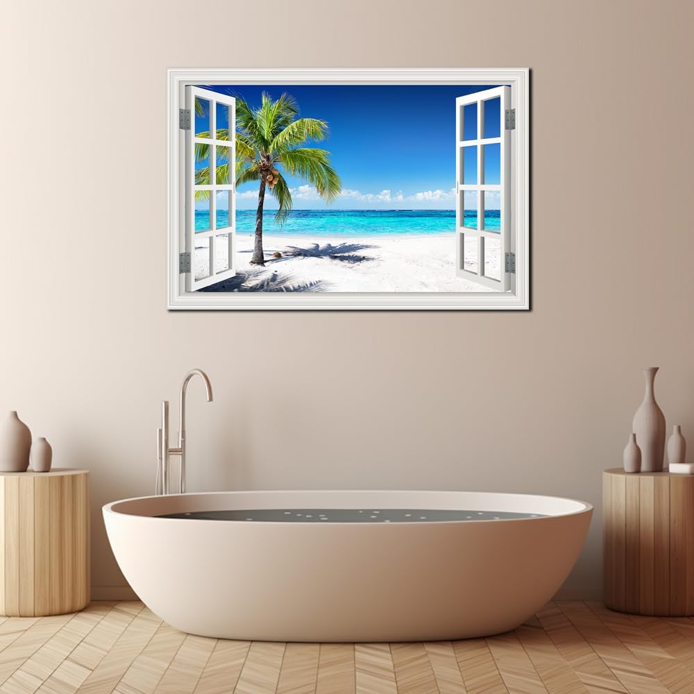 Ocean Wall Art Beach Picture for Living Room White Window Frame Style Palm Tree Art Print on Canvas Large Blue Sea View Painting Artwork for Bedroom Home Office Decoration, Ready to Hang(32'×48')