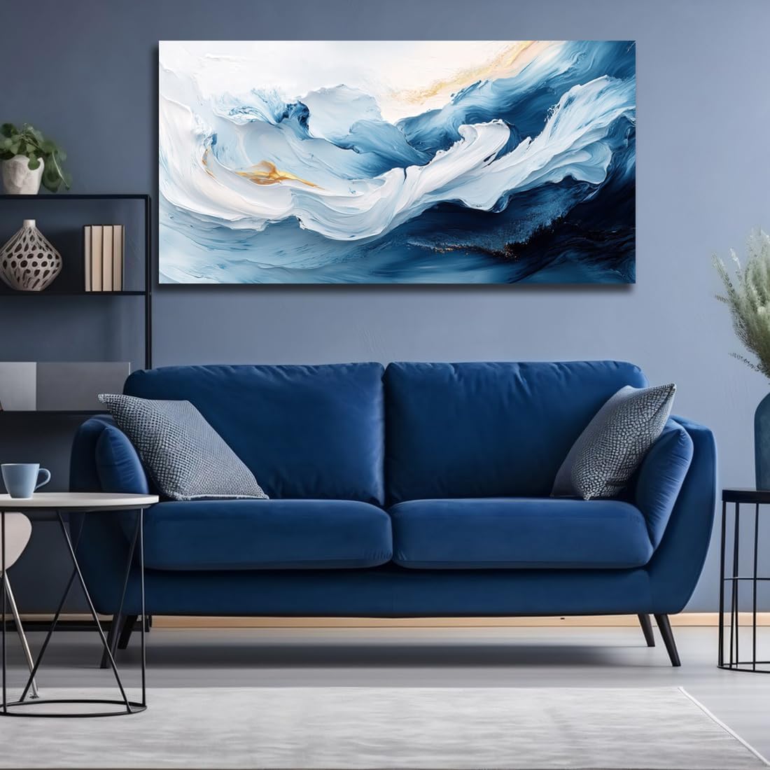 RUIFENGL Blue White Gold Abstract Canvas Prints Wall Art for Living Room Office Decor Blue and White Gold Artwork Paintings Pictures for Bedroom Bathroom Home Office Wall Decoration 29'x58' Xlarge