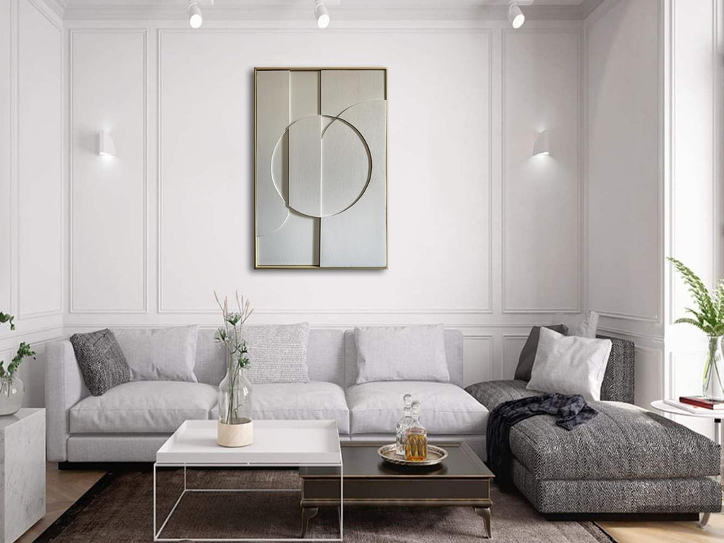 Slyart White Textured Wall Art, Handmade Abstract Plaster Wall Art Framed Artwork, 3D Minimalist White Relief Verical Painting
