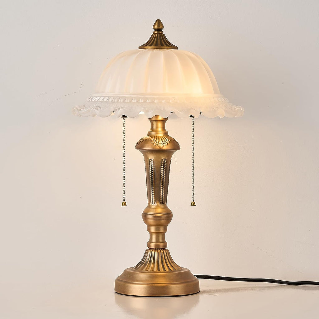 HDDFL Glass Shade Table Lamp 2 Lights Vintage Metal Desk Lamp with Plug Switch for Bedroom Living Room Home Office Brass and White