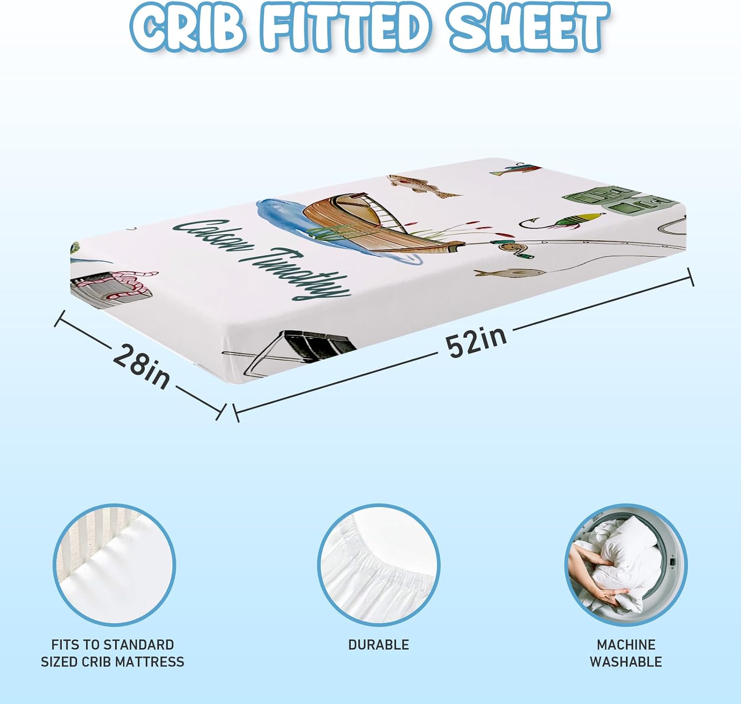 Dyoart Custom Nursery Crib Bedding Set: 5 Piece Go Fishing Baby Crib Sets for Girls Boy with Personalized Name - Toddler Double Layer Blanket Set,Comfortable Crib Bed Sheets for Baby Boys