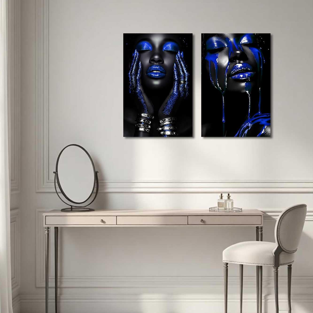 BJYCHG 2Pcs African American Canvas Wall Art Abstract Black Woman Face Painting Prints Fashion Black Female Portrait Poster Pictures Modern Girl Bedroom Room Decor (Blue, (24x36inx2 Pieces))