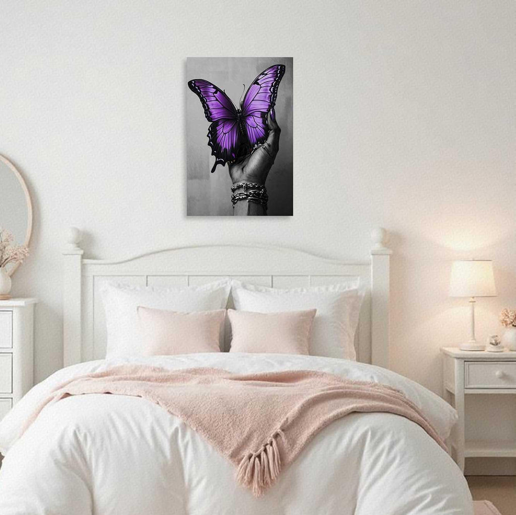AWPANERAR Abstract Women Canvas Wall Art Black Woman Hand and Butterfly Picture Prints Black Girl and Butterfly Painting African American Artwork Bedroom Decor Framed (Purple, (42L x 28W))