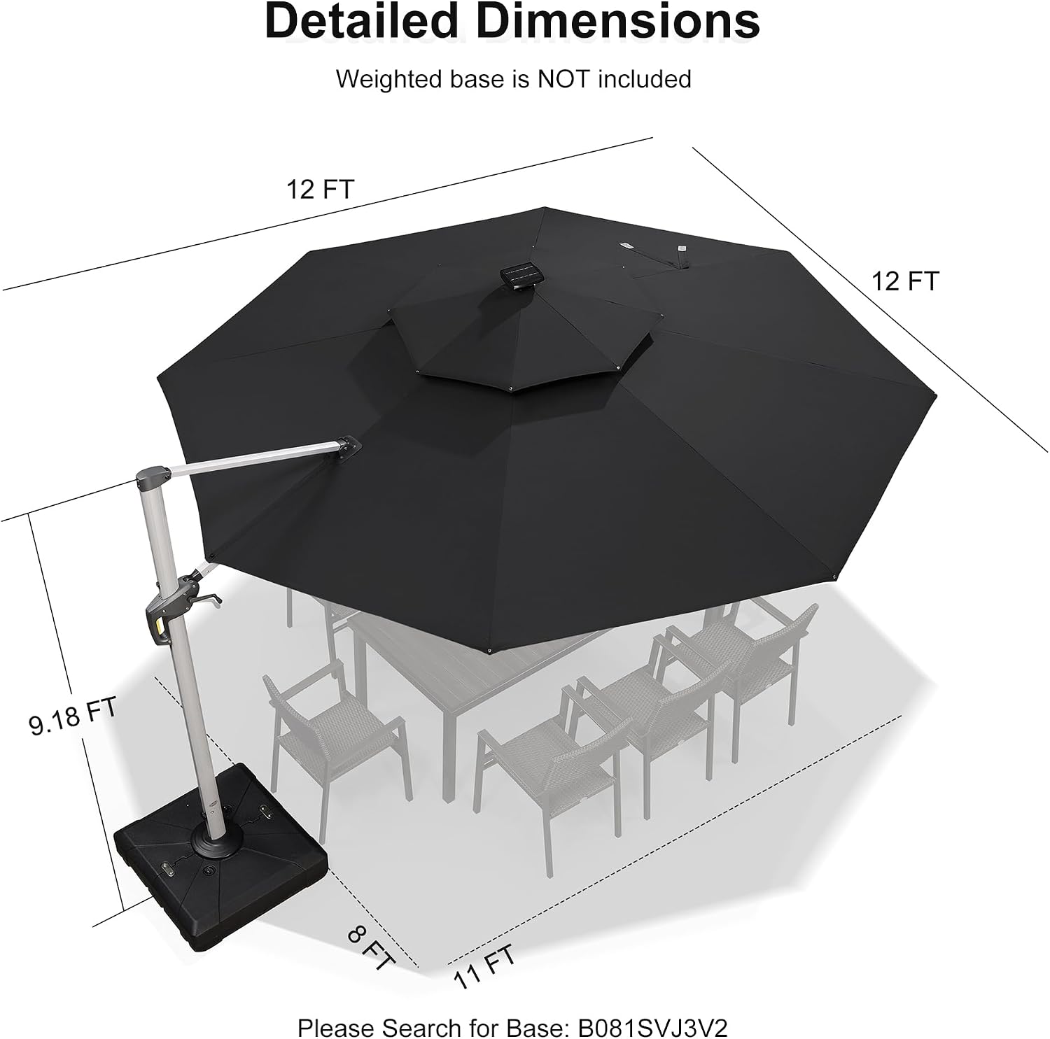 PURPLE LEAF 12ft Solar powered LED Patio Umbrella Outdoor Round Umbrella Large Cantilever Umbrellas with LED lights Windproof Offset Umbrellas Heavy Duty Sun Umbrella for Garden Deck Pool Patio, Black