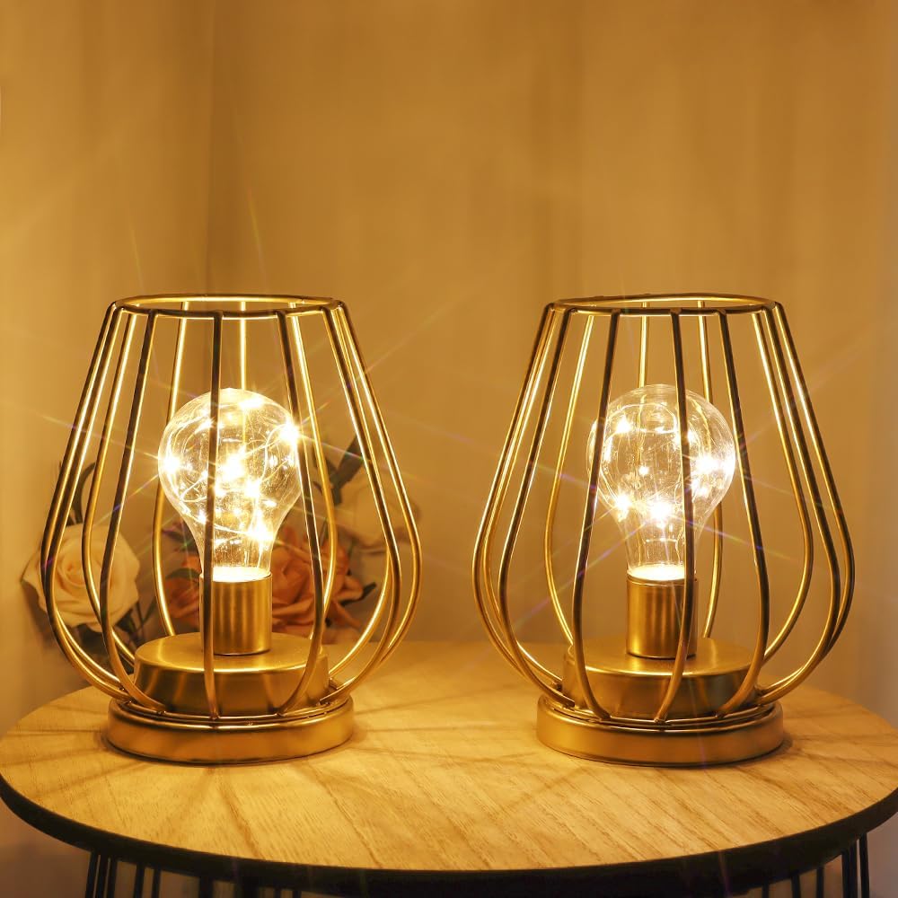 TRIROCKS Set of 12 Metal Battery Operated Lamp 7'' Tall Mini Cage Shape Cordless Table Lamp Battery Lanterns with Warm Fairy Lights Bulb for Patio Garden Wedding Parties Indoor Outdoor(Gold)