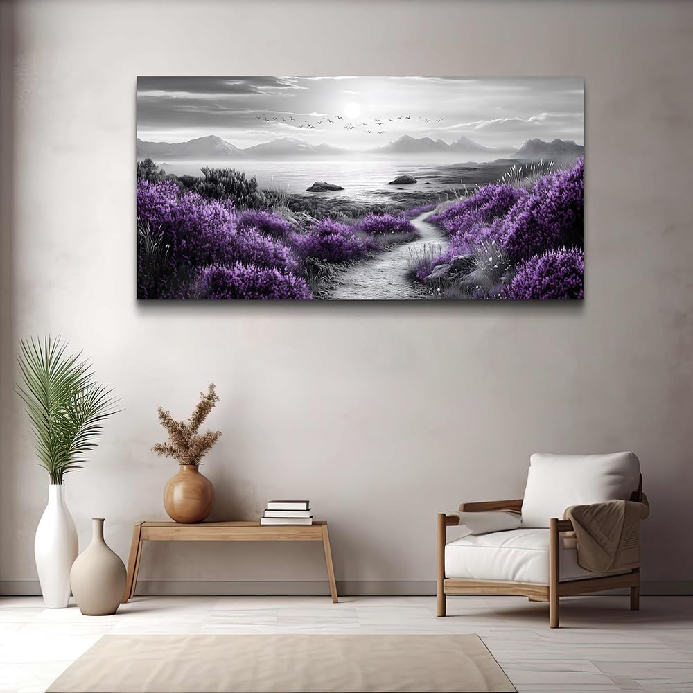 FUHAIHUA Canvas Wall Art For Living Room Large Wall Decor For Office Bedroom Decorations Purple Flowers Landscape Pictures Black And White Painting Artwork Wall Mural Aesthetic Home Decor 30x60 In