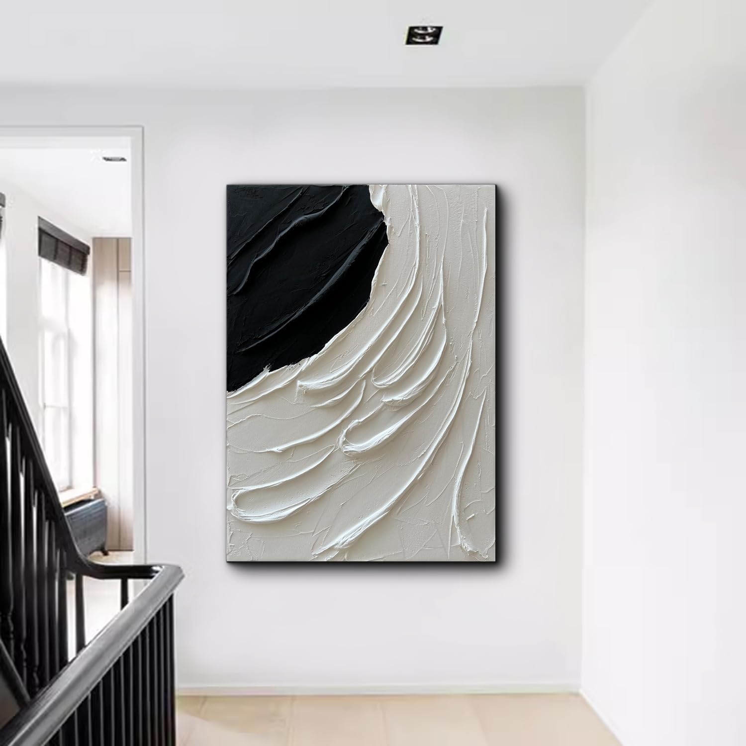 Creespi Hand Painted Thick Textured Black and White Wall Art 28x40 inch,Modern Minimalist Abstract Oil Painting On Canvas for Wall Decor
