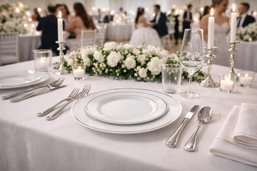 ' OCCASIONS ' 360 pcs/40 Guest-Full Tableware Set-Wedding Disposable Plastic Plates, Silverware, Silver Rimmed Tumblers & Linen Feel Napkins w/napkin Rings (Combo C, White & Silver Rim)