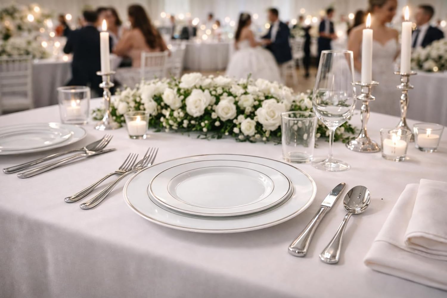 ' OCCASIONS ' 360 pcs/40 Guest-Full Tableware Set-Wedding Disposable Plastic Plates Silverware, Silver Rim Tumblers & Linen Feel Napkins/Metal Napkin Rings (Combo D, White & Silver Rim)