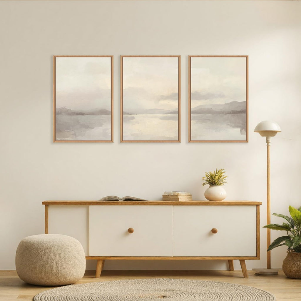 LHIUEM Large Abstract Neutral Beige Pastel Framed Canvas Wall Art,Modern Watercolor Lakes Wall Decor,Nature Mountain Minimalist Artwork for Living Room,Bedroom,Dining Room,Office -24'x36'x3