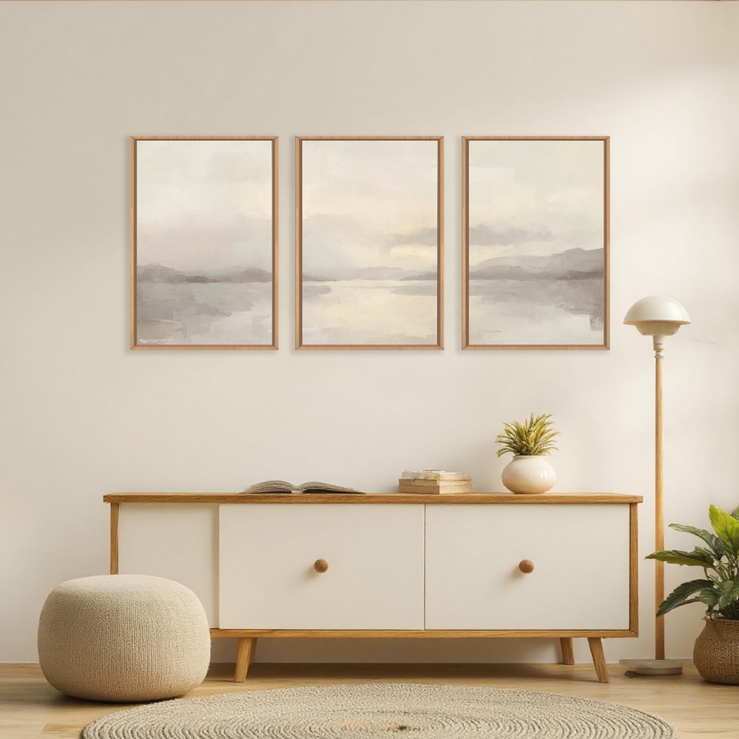LHIUEM Large Abstract Neutral Beige Pastel Framed Canvas Wall Art,Modern Watercolor Lakes Wall Decor,Nature Mountain Minimalist Artwork for Living Room,Bedroom,Dining Room,Office -24'x36'x3