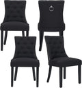 adochr Dining Chairs Set of 4, Modern Mid Century Kitchen Chairs with Wooden Legs & Linen Fabric Back, Dining Room Chairs with Pull Rings & Nailhead Trim, Black