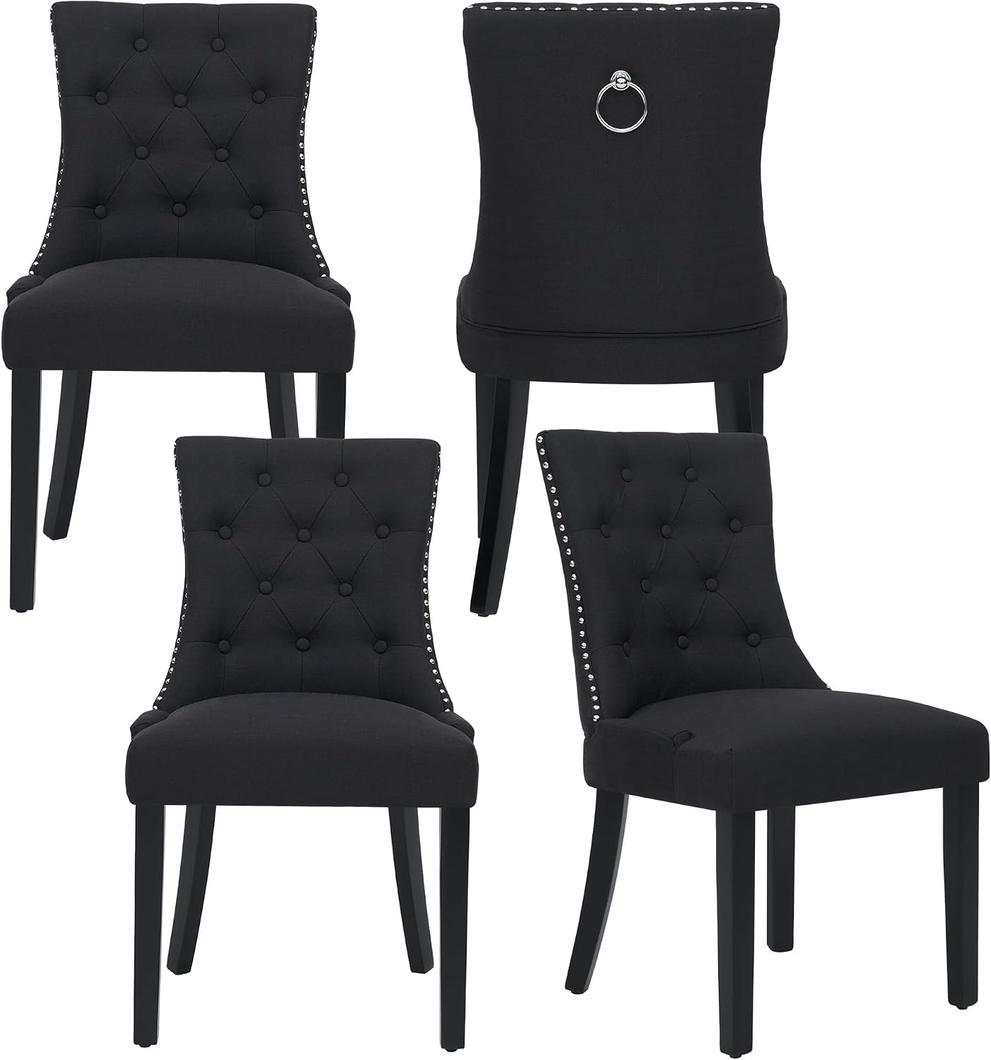 adochr Dining Chairs Set of 4, Modern Mid Century Kitchen Chairs with Wooden Legs & Linen Fabric Back, Dining Room Chairs with Pull Rings & Nailhead Trim, Black