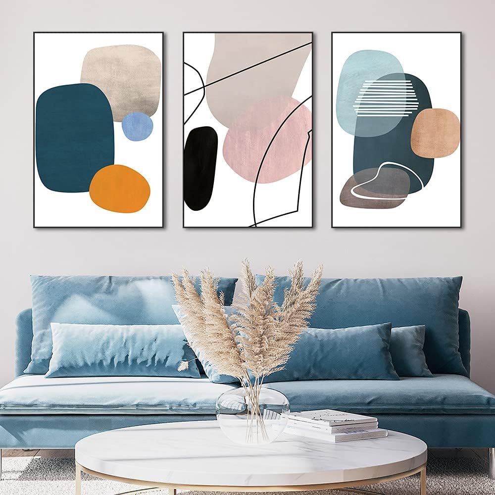 MPLONG Aesthetic Wall Art Large size 24' x 32' x 3 Panels Of Framed Decorative Paintings Abstract Simple Orange White Blue And Other Color Blocks Wall Art Canvas Prints Nature Home Decor