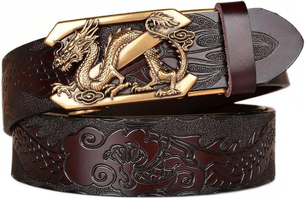 Mens Ratchet Leather Belt, Genuine Leather belts, Engraved Vintage Dragon Eagle Tiger Buckle, Business leisure belt