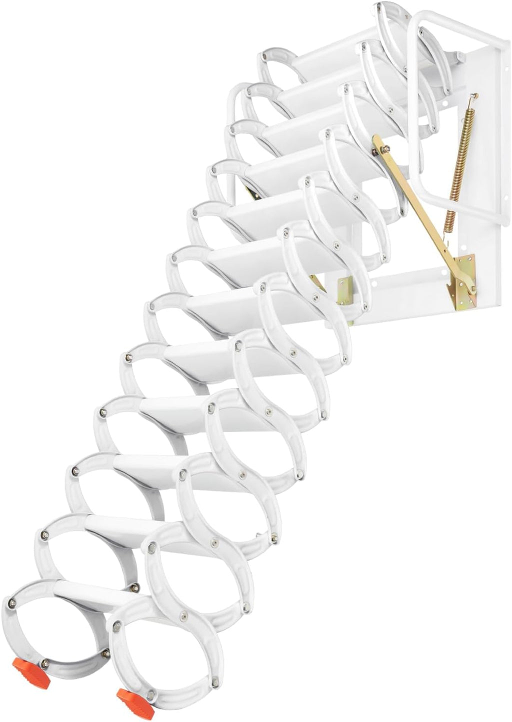 12 Steps Attic Ladder, Wall Mounted Pull Down Loft Steps Folding Stairs, 9.5-10.1Ft Height Aluminum Alloy Narrow Attic Extension Ladder w/Armrests for Basements Warehouses (12, White2)