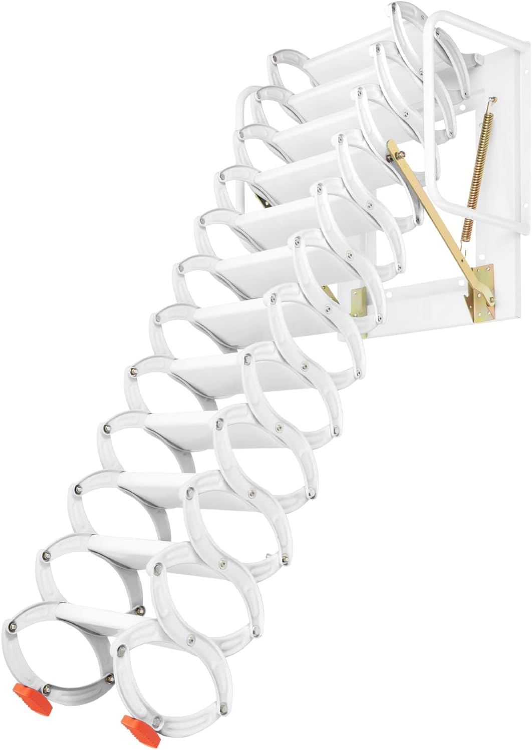 12 Steps Attic Ladder, Wall Mounted Pull Down Loft Steps Folding Stairs, 9.5-10.1Ft Height Aluminum Alloy Narrow Attic Extension Ladder w/Armrests for Basements Warehouses (12, White2)