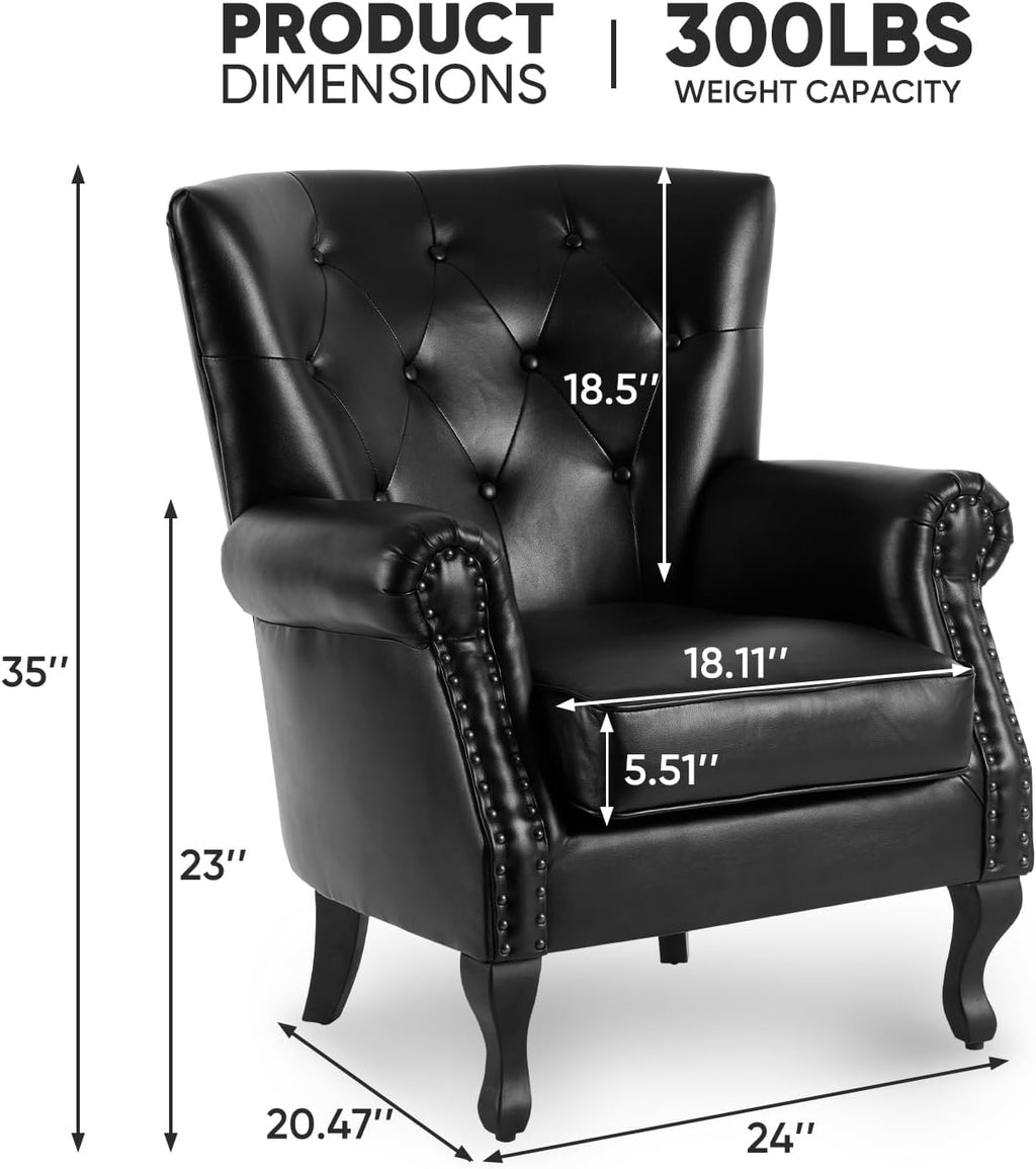MOJAY PU Leather Accent Chair Set of 2, Modern Armchair Living Room Chair, Upholstered Club Chair with Rivet Trim, Mid-Century Sofa Chair with Sturdy Wood Legs for Bedroom (Black)