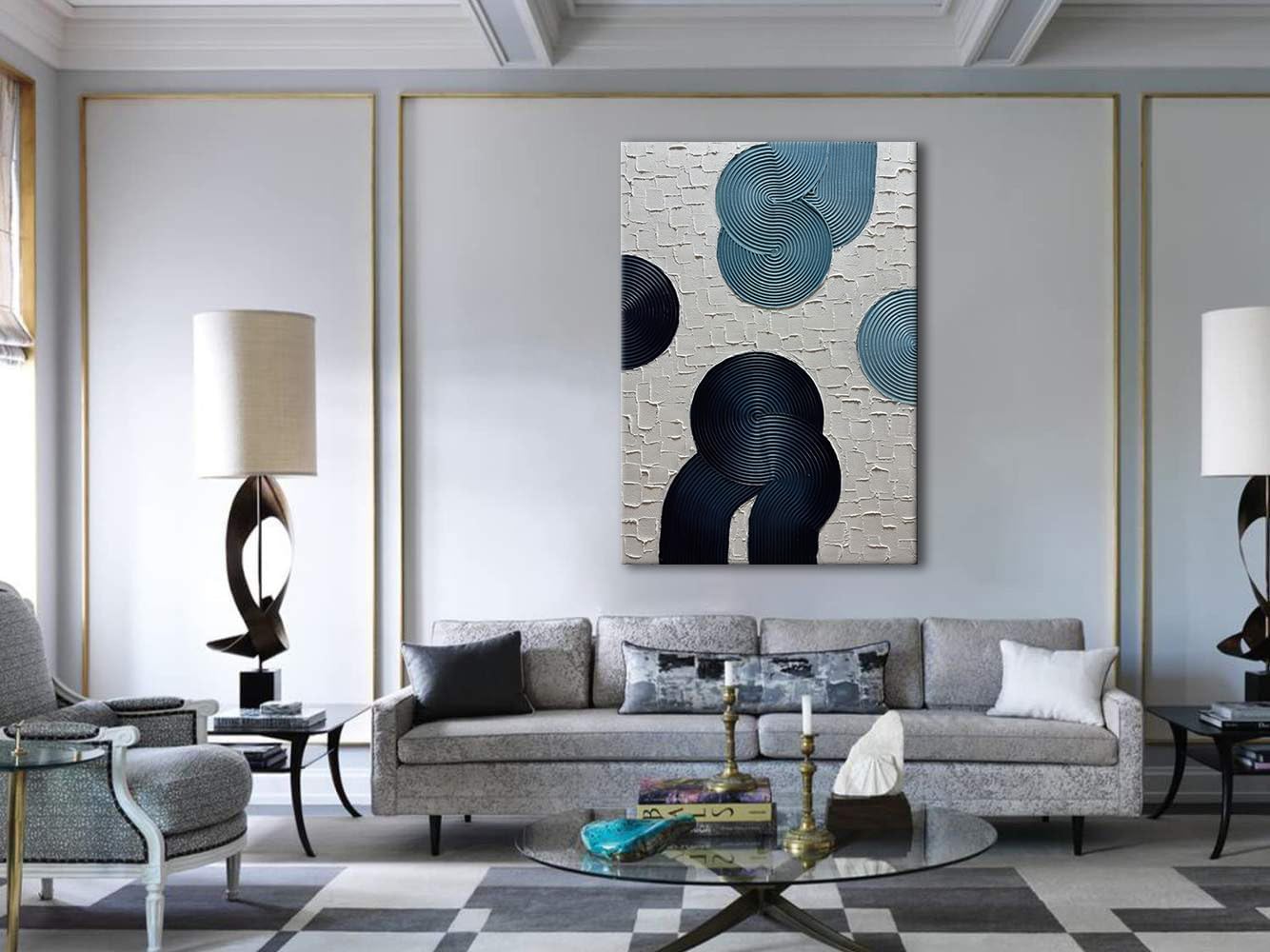 Slyart Blue and Black Abstract Textured Wall Art, Hand-Painted 3D Oil Paintings on Canvas Wall Art 40x28 inch Contemporary Art