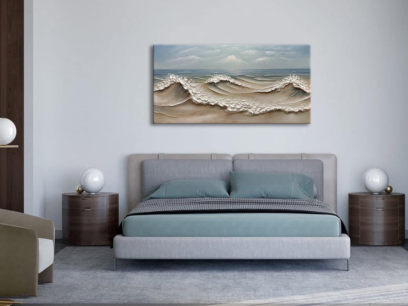 zoinart Blue Ocean Wave Oil Painting on Canvas Impasto Textured Painting Serene Canvas Wall Art Living Room Wall Decor Contemporary Art 24' x 48'