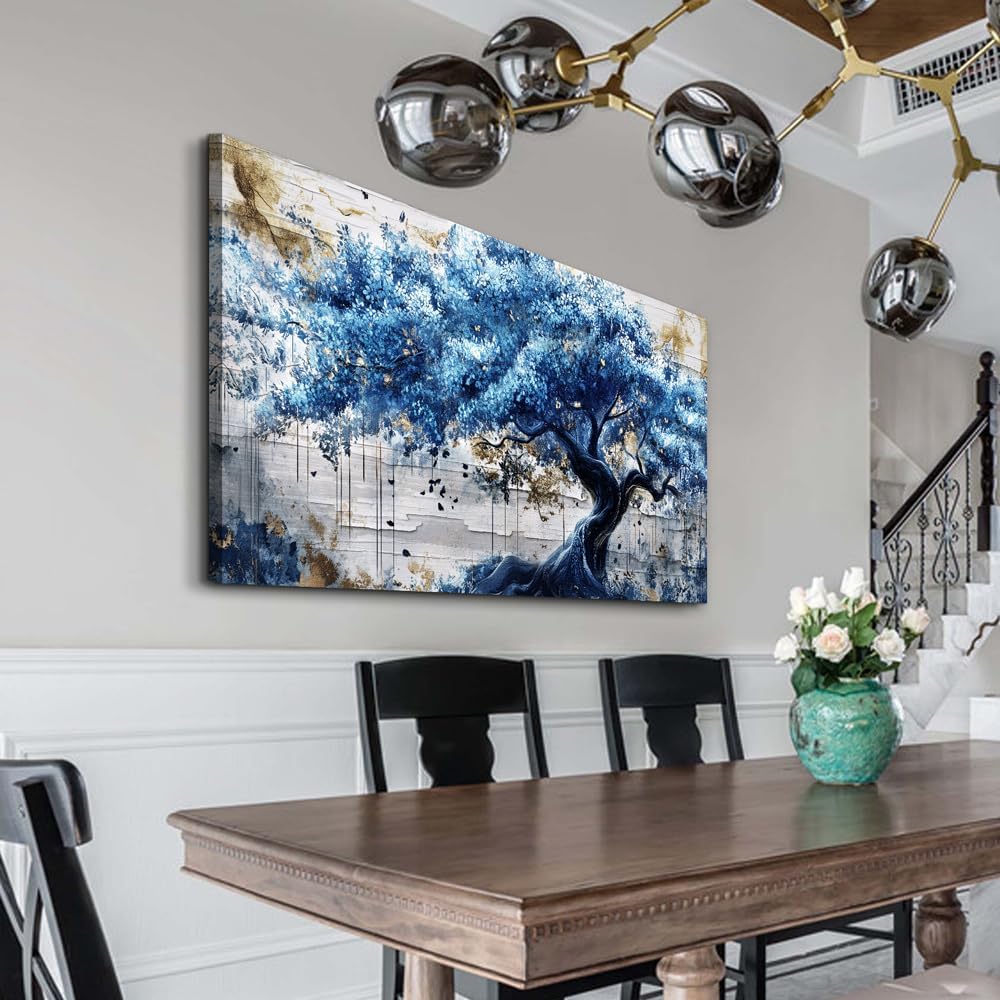 ERQINHUA Large Canvas Wall Decor For Living Room Wall Art For Bedroom Office Decor Blue Tree Wall Paintings Farmhouse Abstract Watercolour Pictures Artwork Home Decor Ready To Hang Posters 30'X60'