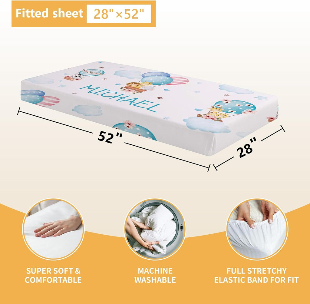 Terwex Personalized Baby Bedding Set, 5 Pcs Custom Toddlers Bedding Set with Infant Name, Double Layer Nursery Crib Set for Boys Girls, Customized Gifts for Infants Baby Shower, Hot Air Balloon Animal
