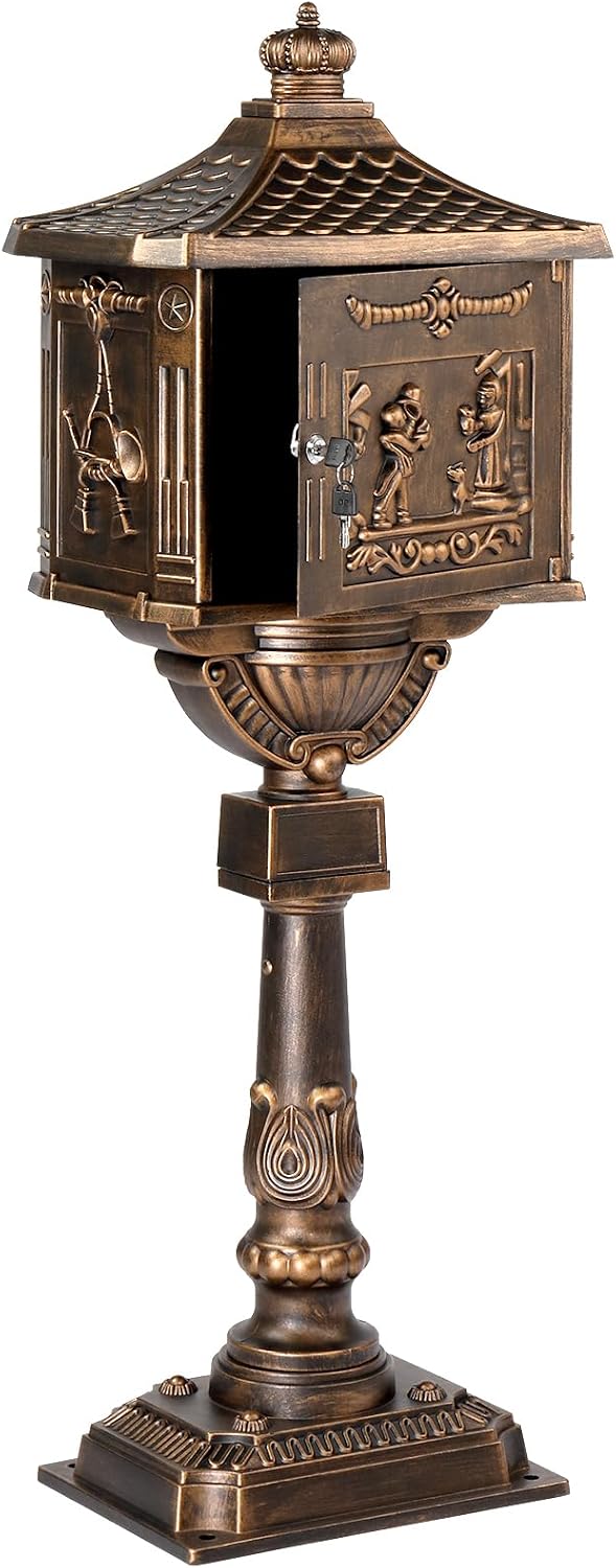 Cast Aluminum Mailbox with Post, Heavy Duty Postal Box with 2 Keys, Baffle Door, Expansion Bolts, Address Panel, In-Ground Large Security Mailbox for Outside, Antique Bronze