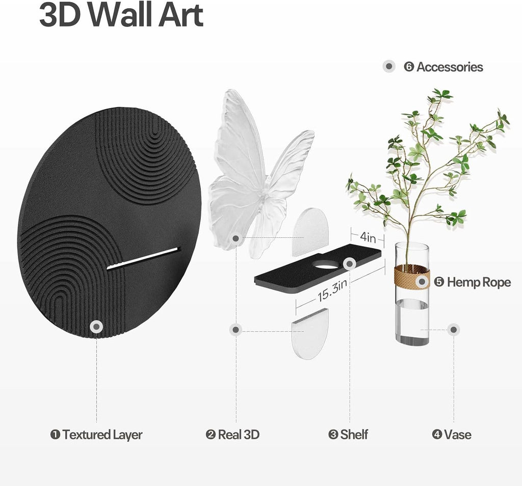 3D Black and White Butterfly Wall Art Decor for Living Room, Modern Minimalist Textured Artwork for Walls with Vase, Geometric Round Sandstone Wall Decor for Dining Room Hallway Bedroom Office