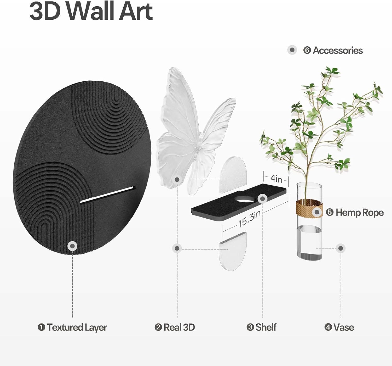 3D Black and White Butterfly Wall Art Decor for Living Room, Modern Minimalist Textured Artwork for Walls with Vase, Geometric Round Sandstone Wall Decor for Dining Room Hallway Bedroom Office