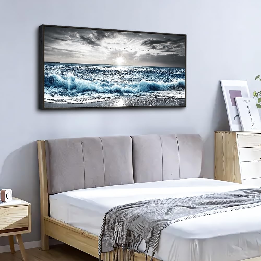 KELIYUAN Large Canvas Wall Decor For Living Room Wall Art For Bedroom Office Wall Decorations Black Frame Beach Wave Scenery Pictures Artwork For Modern Stretched and Framed Beach Posters 24'X48'