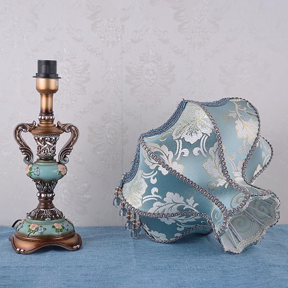 Lovely Table Lamp with Fabric Lampshade, Antique Flower Decorative Bedside Desk Lamp, Crystal Night Light for Bedroom Nightstand, Blue Finish