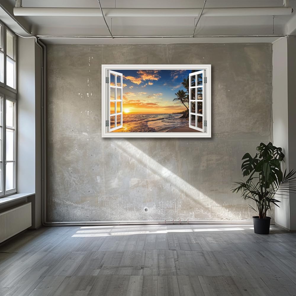 Ocean Canvas Wall Art Decor for Living Room Large Beach Pictures for Bedroom Window Frame Style Sunset Art Prints Seascape Artwork for Home Office Decorations (32 x 48 inch)