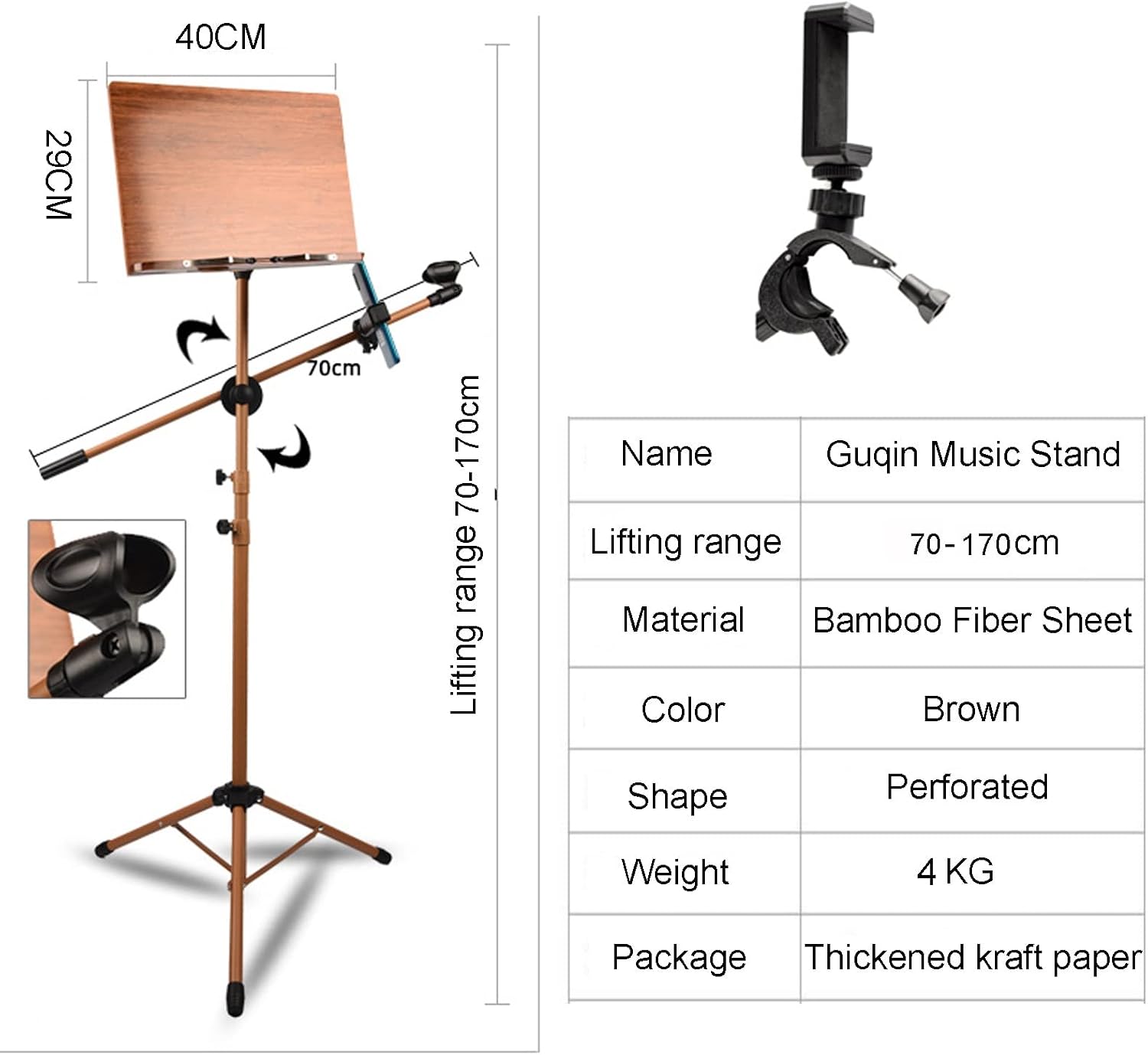 Extra Stable Metal Music Stand, Two-in-one Dual-use Bamboo Book Stand, Sheet Music Stand with Violin Hanger, Classic Stand for Musical Instruments, Restaurant, Hotel Menu S,