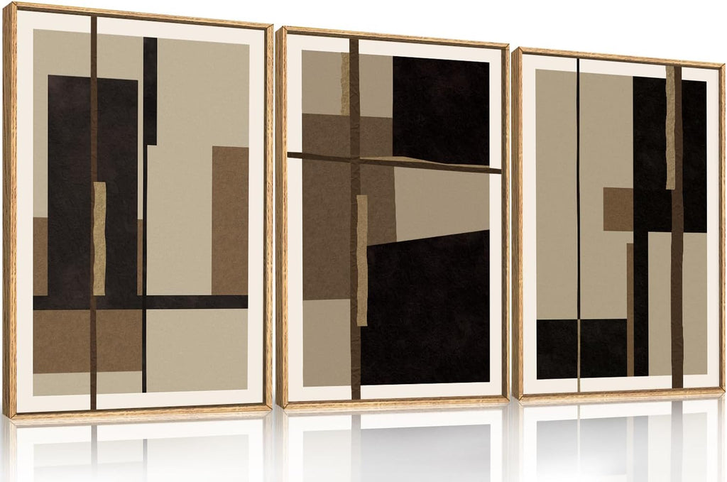 Abstract Shapes Framed Canvas Wall Art Set, Mid-Century Black Polygon Wall Decor, Black Brown Irregular Painting, Neutral Modern Art Print for Living Room, Dining Room, Office - 24'x36'x3