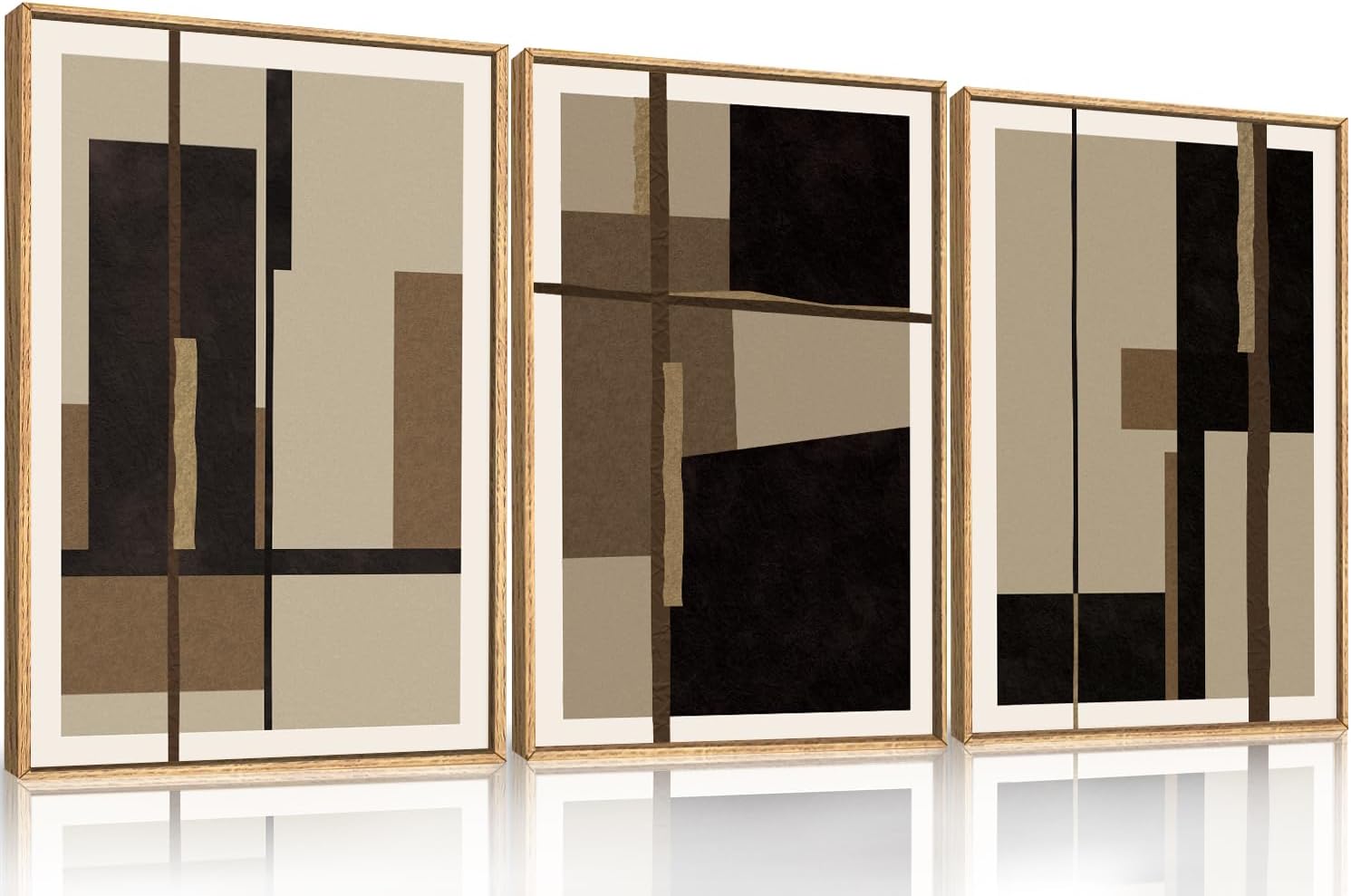 Abstract Shapes Framed Canvas Wall Art Set, Mid-Century Black Polygon Wall Decor, Black Brown Irregular Painting, Neutral Modern Art Print for Living Room, Dining Room, Office - 24'x36'x3