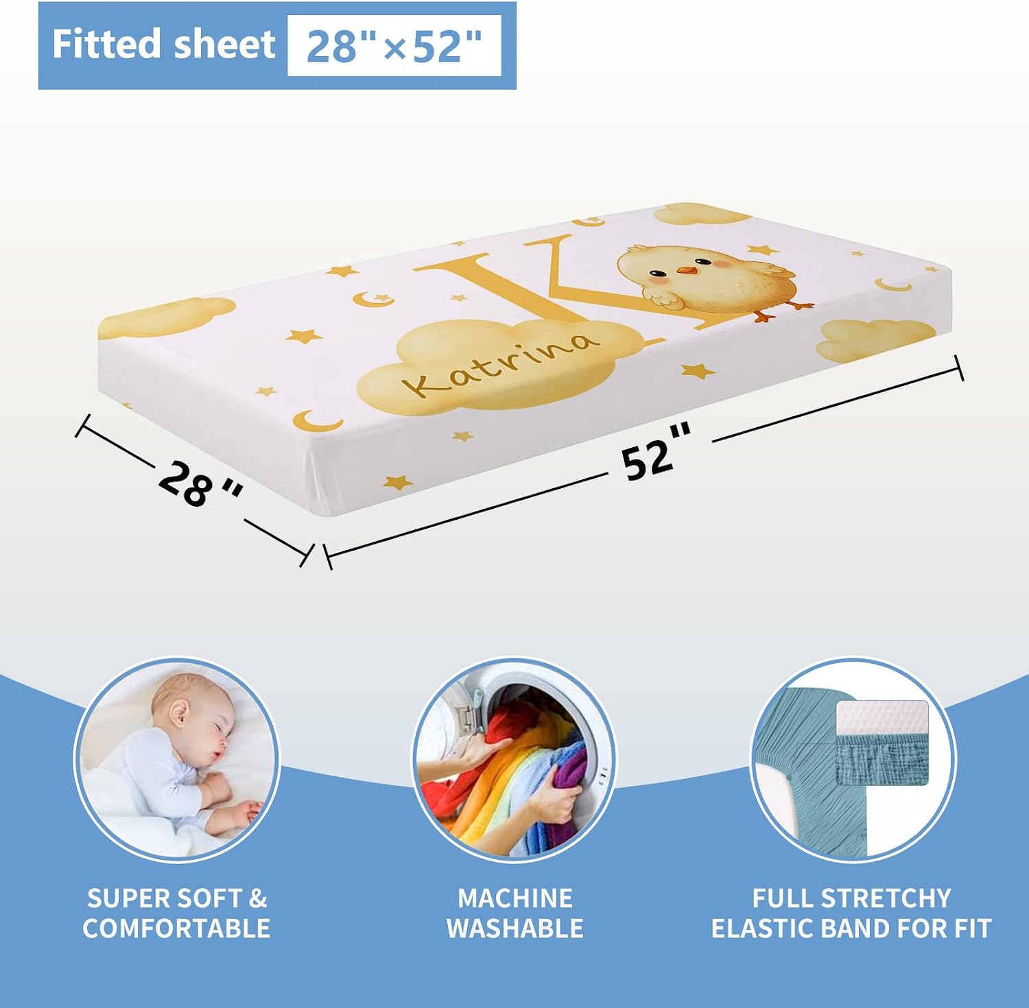 KAINSY Custom Crib Bedding Set, 5 Pcs Personalized Name Monogram Baby Crib Sets for Infants Toddlers, Yellow Chick Nursery Bedding Set for Boys Girls, Double Layer Baby Bedding Sets Customized Gifts