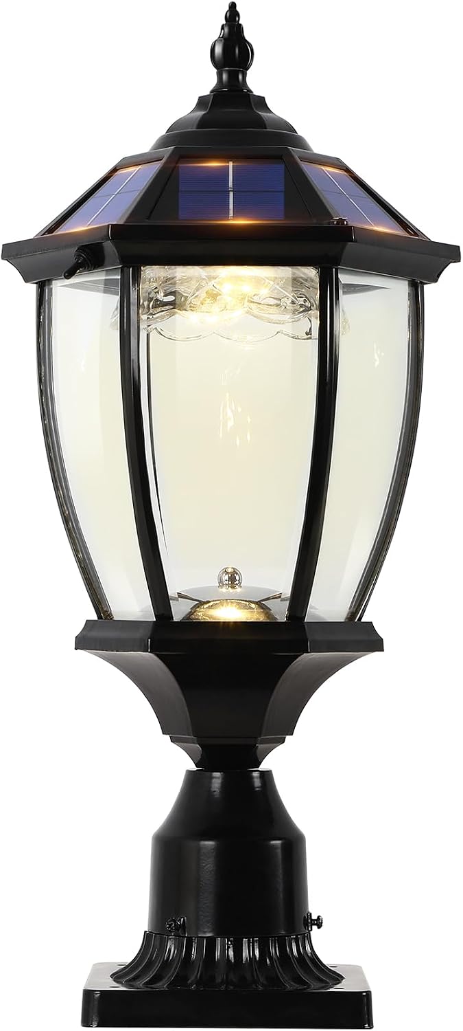 Solar Outdoor Lamp Post Light with Dusk to Dawn Photocell, Waterproof Oil-Rubbed Black Pillar Light with Clear Glass, Aluminum Solar Pole Lamp with Pier Mount for Porch, Yard. Pathway
