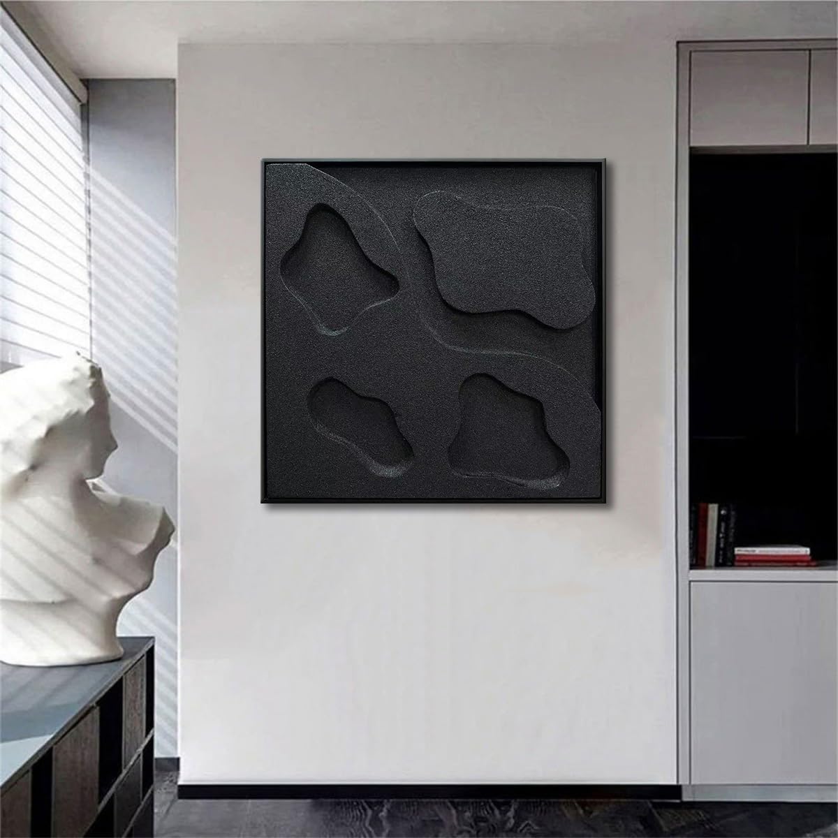 Slyart Black Textured Wall Art, Handmade Abstract 3D Minimalist Plaster Paintings, Wabi-Sabi Wall Art 24x24 Inch