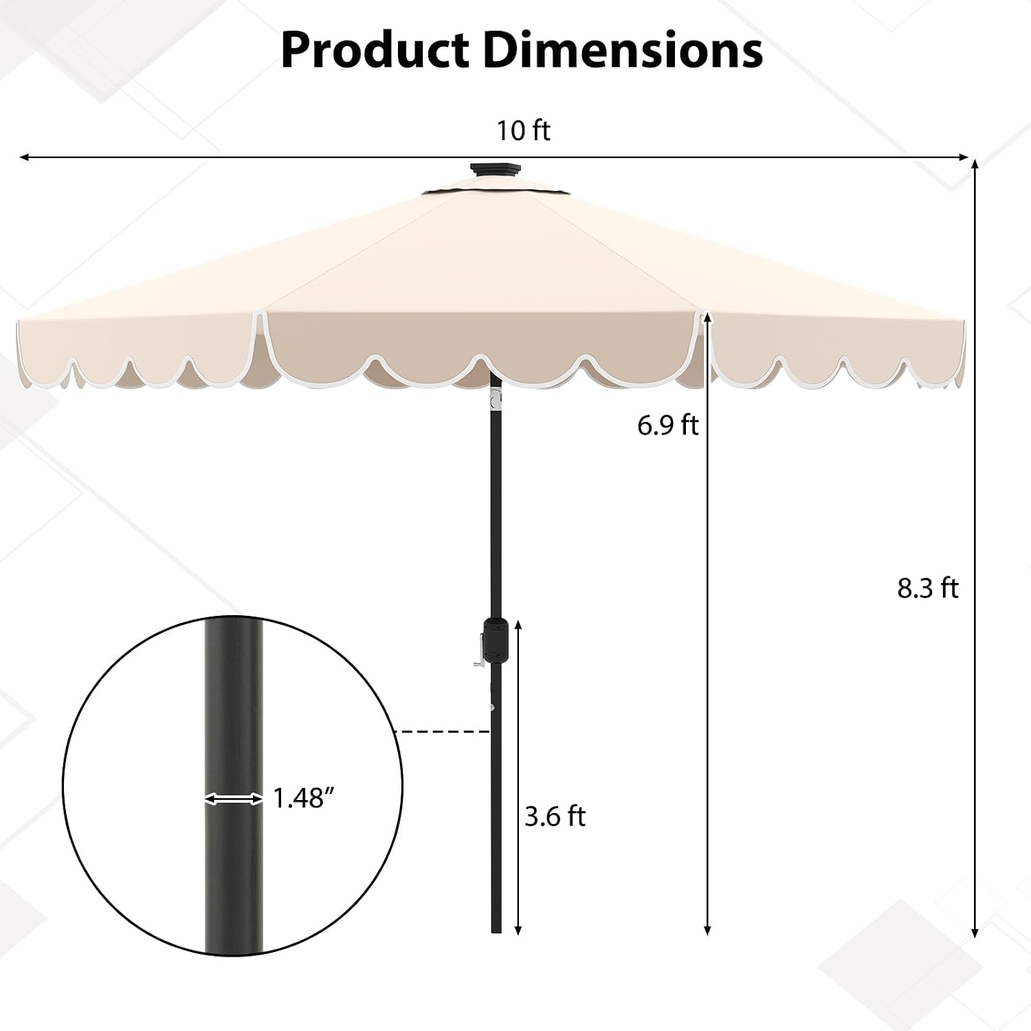 Tangkula 10FT Solar LED Patio Umbrella, 2-Tiers Scalloped Outdoor Table Market Umbrella with 24 LED Lights, Vented Top, Tilt Adjustment, Crank, 8 Ribs for Backyard Poolside Deck Beach Lawn (Beige)