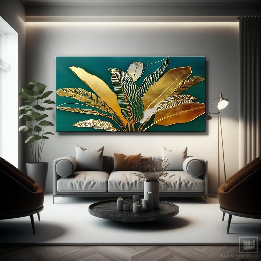 IDAFU Green Leaf Wall Art, Green and Gold Leaves Wall Painting, Emerald Green Tropical Botanical Décor Canvas Prints, Abstract Sage Boho Painting for Office Home Décor, Ready to Hang 60L x 30W
