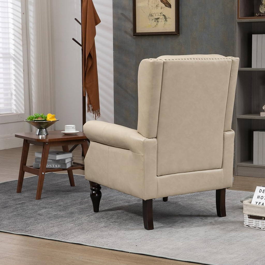 Mid-Century Wingback Chair, PU Leather Accent Chair with Buttons, Modern Living Room Lounge Sofa Chair with Rivet Decoration,Single Club Armchair for Bedroom Home Reception(PU Camel)