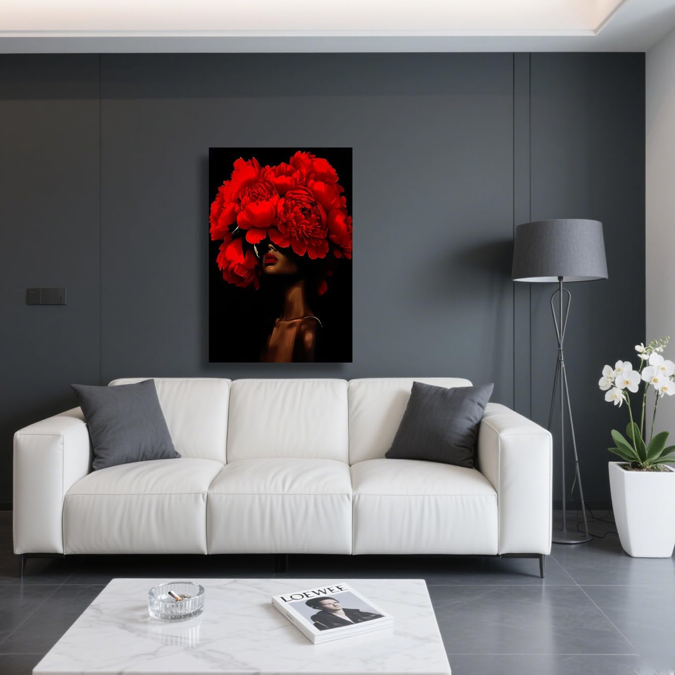 ZSHARTSWD African American Canvas Wall Art Black Woman with Flowers on Head Picture Abstract Black Girl Painting Prints for Girls Room Bathroom Decor Framed (Red, 42L x 28W)