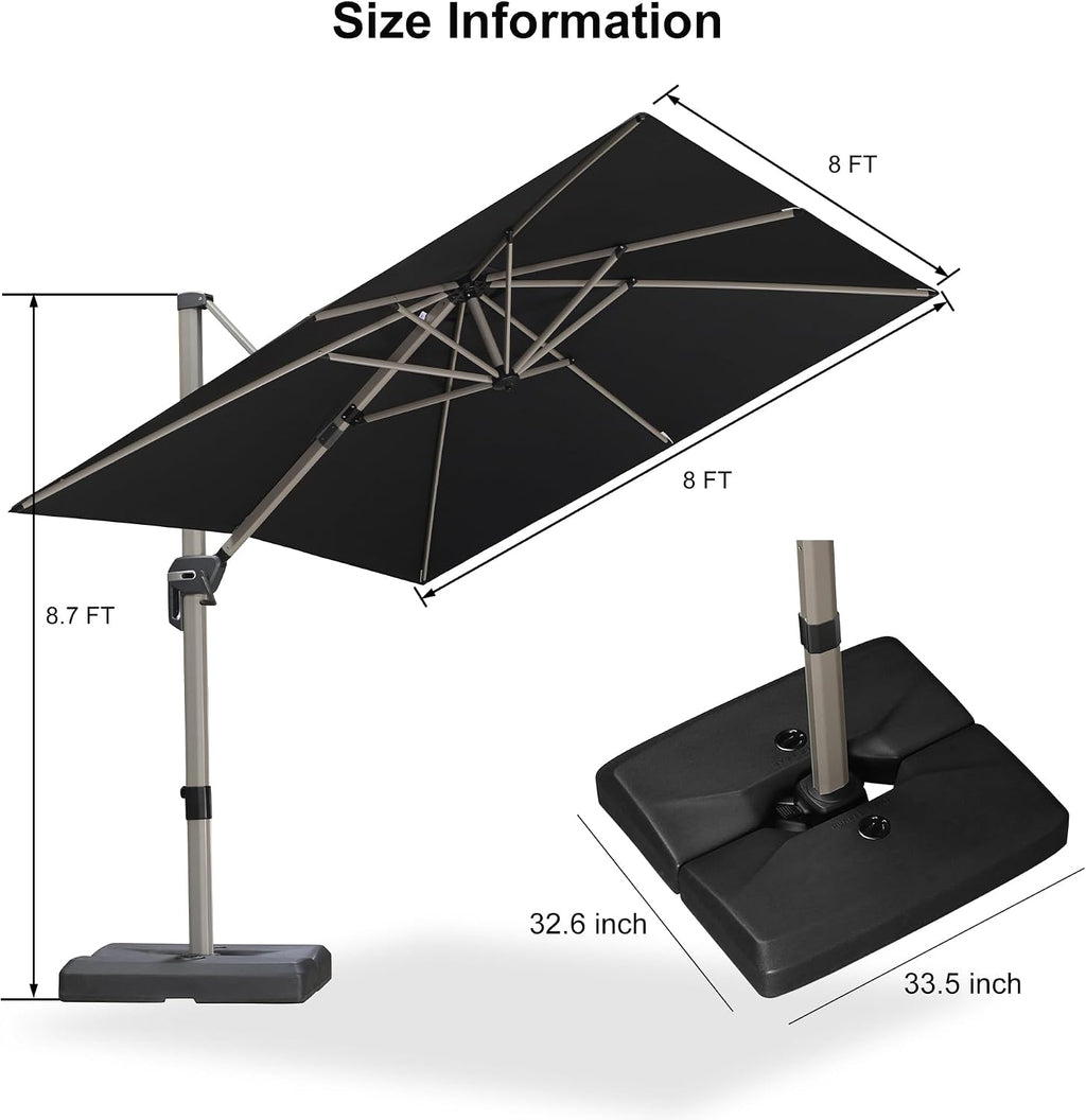 PURPLE LEAF Patio Umbrella with Base Included, 8ft Outdoor Aluminum Cantilever Umbrella with 360° Rotation, Champagne Offset Umbrella for Outdoor Garden Pool, Black
