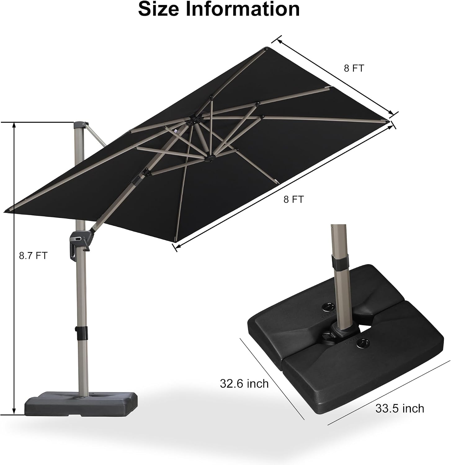 PURPLE LEAF Patio Umbrella with Base Included, 8ft Outdoor Aluminum Cantilever Umbrella with 360° Rotation, Champagne Offset Umbrella for Outdoor Garden Pool, Black