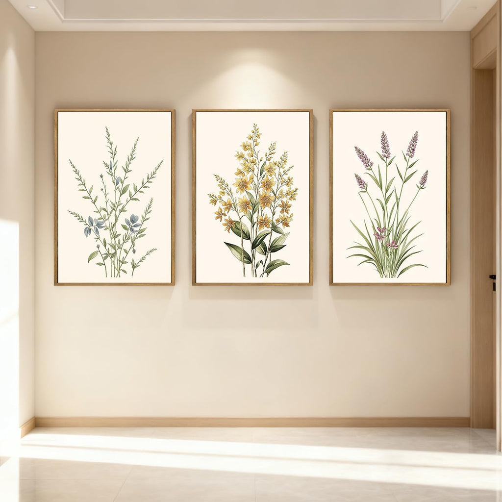 Anyzal Extral Large Botanical Framed Wall Art 24x36 Inch Neutral Floral Canvas Wall Decor Minimalist Beige Wildflower Painting for Living Room Bedroom Dining Room Set of 3