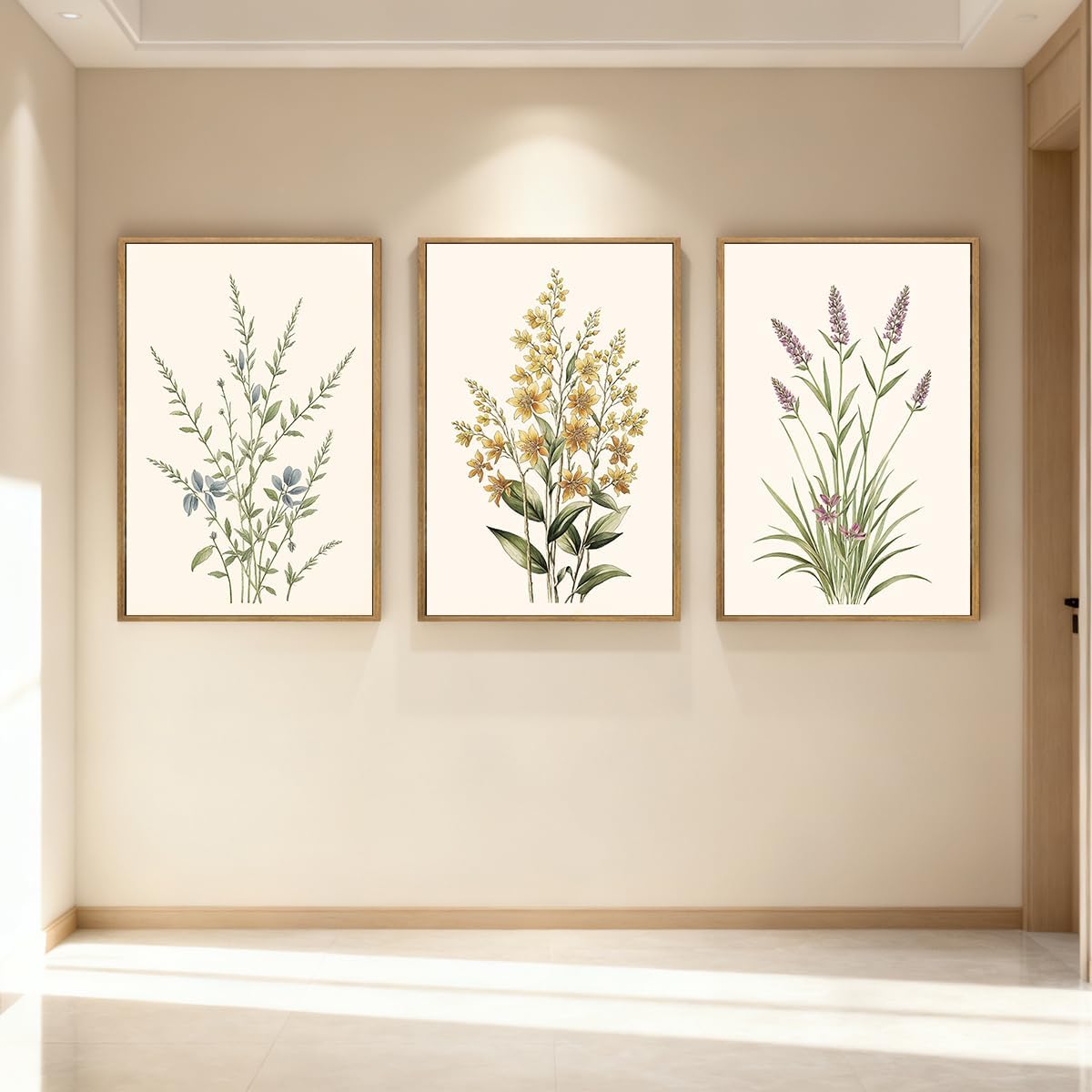 Anyzal Extral Large Botanical Framed Wall Art 24x36 Inch Neutral Floral Canvas Wall Decor Minimalist Beige Wildflower Painting for Living Room Bedroom Dining Room Set of 3