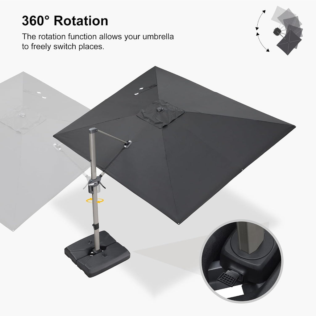 PURPLE LEAF 9' x 11' Patio Umbrella with Base Cantilever Umbrella Rectangular Outdoor Offset Umbrella with Champagne Frame and 360° Rotation for Garden Deck Pool, Black
