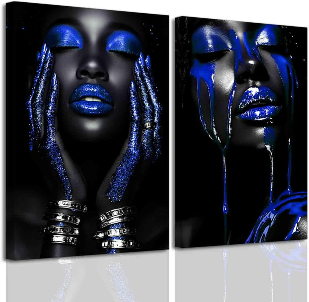 BJYCHG 2Pcs African American Canvas Wall Art Abstract Black Woman Face Painting Prints Fashion Black Female Portrait Poster Pictures Modern Girl Bedroom Room Decor (Blue, (24x36inx2 Pieces))