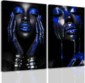 BJYCHG 2Pcs African American Canvas Wall Art Abstract Black Woman Face Painting Prints Fashion Black Female Portrait Poster Pictures Modern Girl Bedroom Room Decor (Blue, (24x36inx2 Pieces))