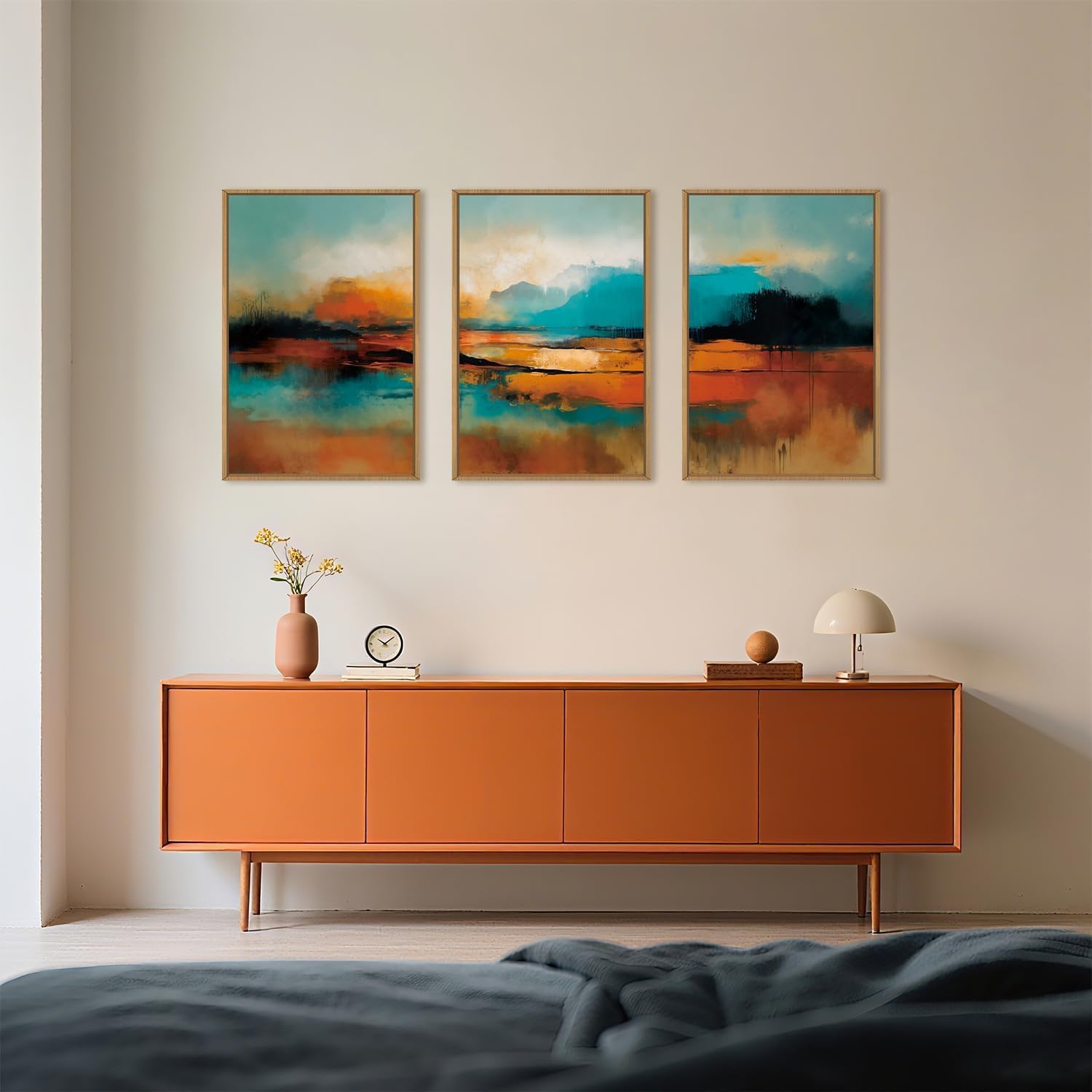 Large Abstract Burnt Orange Framed Canvas Wall Art,Neutral Blue and Black Wall Decor,Modern Brush Stroke Artwork,Minimalist Watercolor Art Print for Living Room,Bedroom,Office- 24'x36'x3